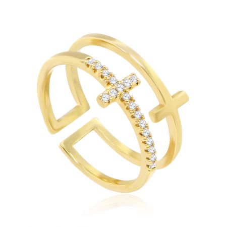 Side view of the gold cross ring, highlighting its open, adjustable structure and the brilliant cubic zirconia stones.