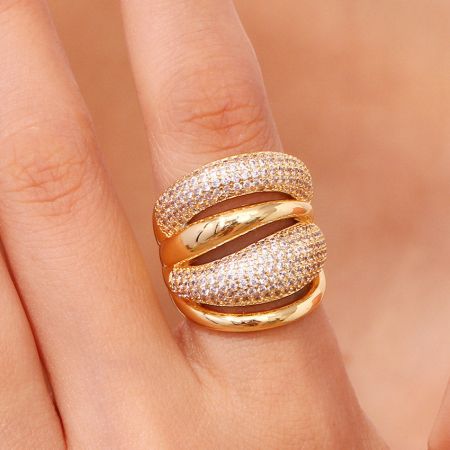 Another angle of the CZ paved gold dome ring, showcasing its bold and luxurious design.