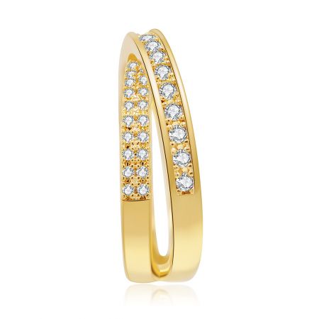 Top-down view of the gold X design ring, emphasizing the double-section design paved with brilliant cubic zirconia.
