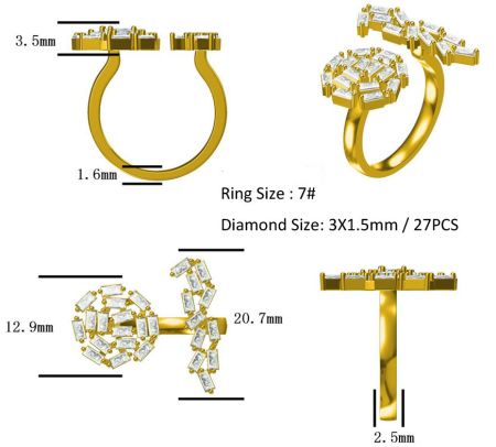 Close-up van een op maat gemaakte gouden ring met diamantspecificaties.