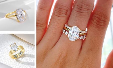 Eine Nahaufnahme eines von Taylor Swift inspirierten, vergoldeten Rings mit einem ovalen CZ-Stein, der getragen wird.