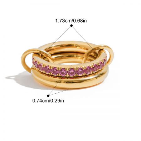 Close-up of the gold ring with pink gemstones, with dimensions indicating a height of 1.73cm.