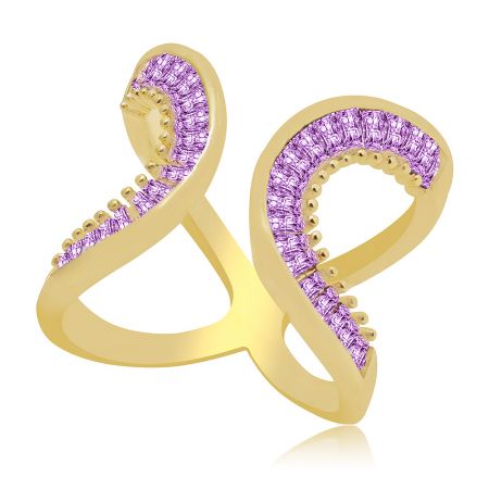Side view of the Amethyst Purple Contemporary Ring, showing the intricate gold band and the setting of the purple gemstones.
