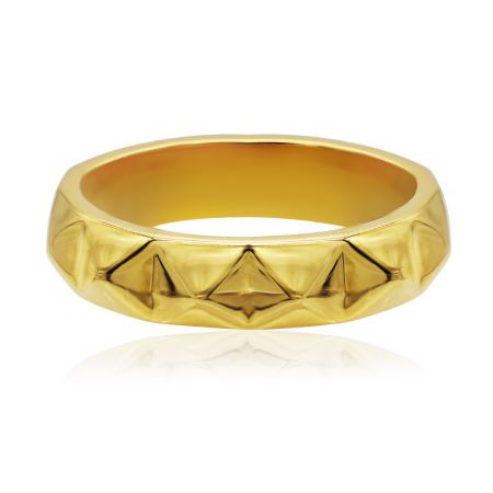 Polished Diamond Cut Gold Ring - A close-up of the Polished Diamond Cut Gold Ring, showcasing its intricate triangular texture and brilliant gold-plated finish on a white background.