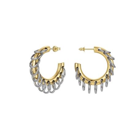 Aretes de aro punk de acero inoxidable con borlas de cadena en dos tonos (Juego de 5 pares) - Un par de aretes de aro punk de acero inoxidable con un diseño en dos tonos de oro y plata, con borlas de cadena colgantes, sobre un fondo blanco limpio.