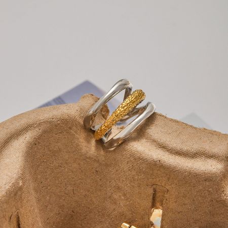 Bicolor roestvrijstalen ringen set van 5 gouden en zilveren modejuwelen voor vrouwen. - Een set van vijf bicolor roestvrijstalen ringen in goud en zilver, die verschillende texturen en moderne ontwerpen toont, perfect voor stapelen en dagelijks gebruik.