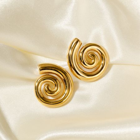 Stainless Steel Glossy Swirl Spiral Stud Post Earrings (Set of 5 Pairs) - A pair of stainless steel glossy swirl spiral stud post earrings in a gold finish, elegantly displayed on a cream satin background.