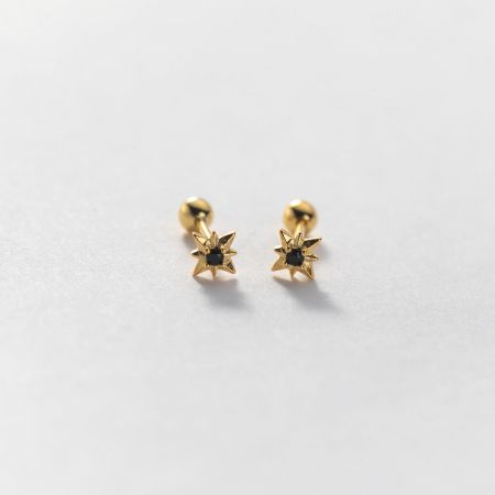 Elegant gold star stud earrings with a striking black central gemstone.