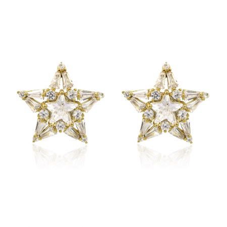 Shinny Star Stud Earrings - A pair of Shinny Star Stud Earrings, featuring a gold-plated star shape decorated with sparkling clear cubic zirconia gemstones.