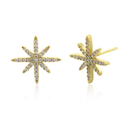 Detailed view of a gold star-shaped earring with brilliant cubic zirconia accents.