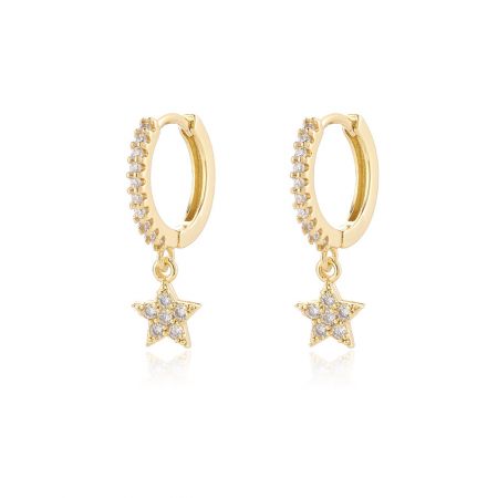 Wholesale Celestial Drop Huggie Hoop Earrings - A pair of wholesale celestial drop huggie hoop earrings in gold, featuring star-shaped charms encrusted with sparkling cubic zirconia diamonds.
