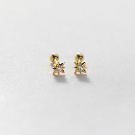 Detailed view of gold star stud earrings featuring a central clear cubic zirconia stone.
