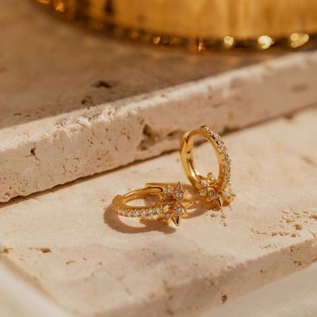 S925 Verwijderbare Ster Huggie Oorbellen Verguld met CZ Hoops - Een paar S925 vergulde huggie oorbellen met verwijderbare ster charme die schitteren met cubic zirconia accenten, gepresenteerd als een ideaal feestcadeau.