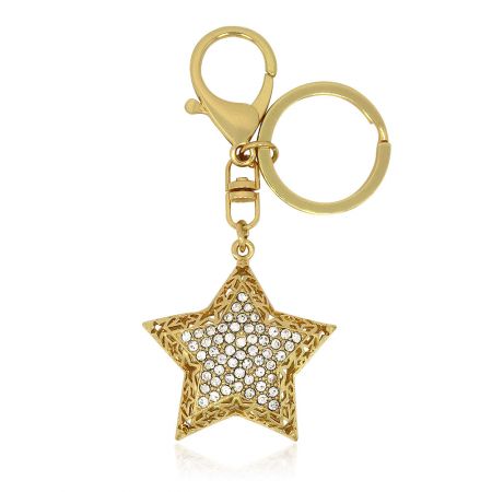 Elegant gold star keychain embellished with sparkling clear gemstones.