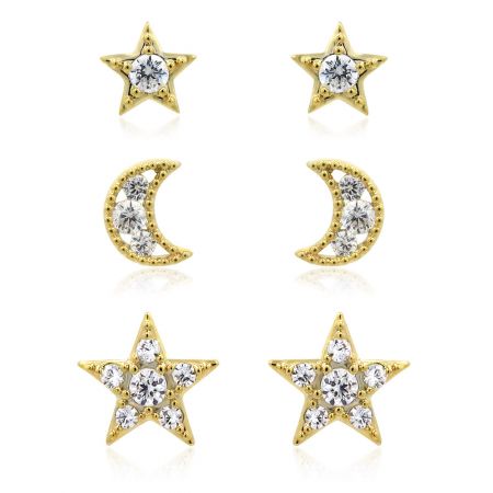 Detailed shot of the gold star and moon stud earrings, showing the intricate cubic zirconia settings.