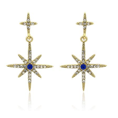 Pendientes de estrella de cristal cruzado - Un par de pendientes de estrella de cristal cruzado, con un acabado en tono dorado y zirconia cúbica blanca brillante, y una piedra central de vidrio de zafiro azul.