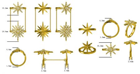 Eine Kollektion von maßgeschneidertem Goldschmuck mit Sternenstrahlen, einschließlich Ringen und Ohrringen.
