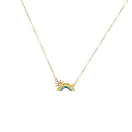 Collar con colgante de zirconia colorido chapado en oro de 18K de plata esterlina 925 - Una toma detallada en estudio de un collar de plata esterlina 925 con chapado en oro de 18K, mostrando un colgante de zirconia colorido en un diseño de sol y arcoíris.