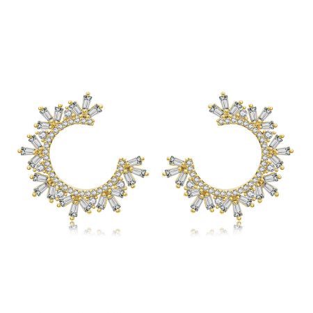 Gold Plated Baguette CZ Circle Earrings - A pair of Gold Plated Baguette CZ Circle Earrings showcasing a brilliant sunburst design with clear cubic zirconia gemstones on a white background.