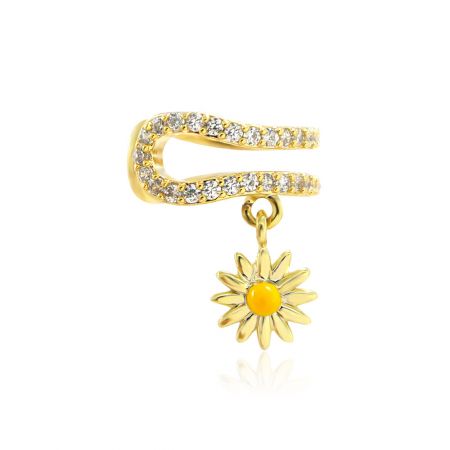 Dainty gold sunflower minimalist wrap earring with white stone accents.