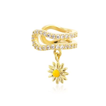 Detailed side view of the gold Dangle Daisy Flower clip-on earring.