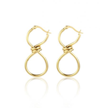 Pendientes de acero inoxidable Infinity. - Pendientes de acero inoxidable Infinity (JRE-122) en un acabado dorado pulido, con forma de lágrima y un elegante diseño de símbolo de infinito.