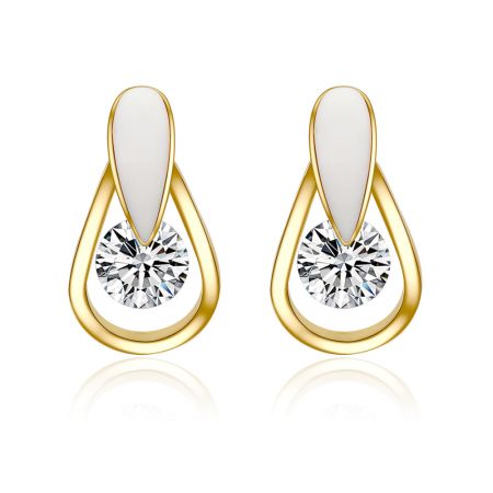 White Epoxy Single CZ Drop Earrings - A pair of White Epoxy Single CZ Drop Earrings, featuring gold plating, white enamel details, and sparkling cubic zirconia stones.