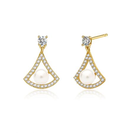 Detailed shot of the Halo Fan Pearl Drop Earrings, showing the brilliance of the cubic zirconia and the luster of the shell pearl.