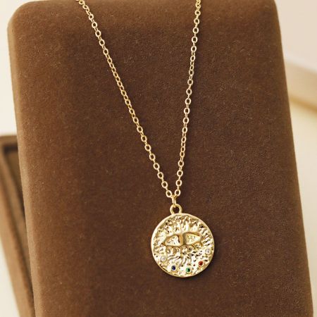 Multi-Color Stones Brass Evil Eye Pendant Necklaces - A vibrant brass evil eye pendant necklace with multi-color stones, part of a set of five from JR Fashion Accessories.