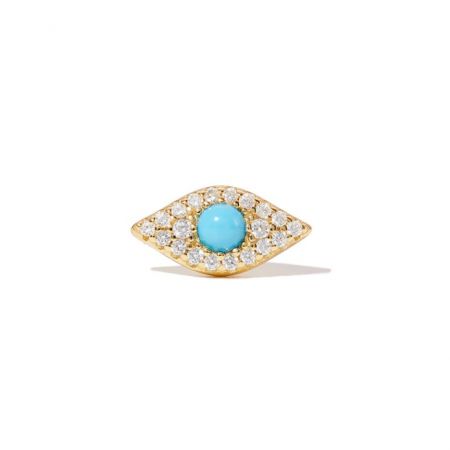 Turquoise Evil Eye Stud Earrings - A detailed close-up of the Turquoise Evil Eye Stud Earring, showcasing the vibrant central turquoise stone surrounded by sparkling cubic zirconia, set in a gold-plated brass finish.