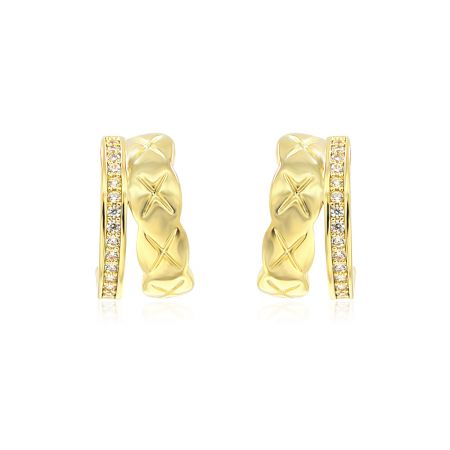 Yellow Gold Plated Hoop Post Earrings with Cubic Zirconia - A close-up of the Yellow Gold Plated Hoop Post Earrings, showcasing the twisted design and sparkling cubic zirconia accents.