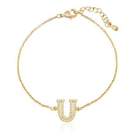 Diamond Alphabet Initial Bracelet - Close-up of the Diamond Alphabet Initial Bracelet in gold, showcasing the U-shaped charm set with brilliant cubic zirconia stones.
