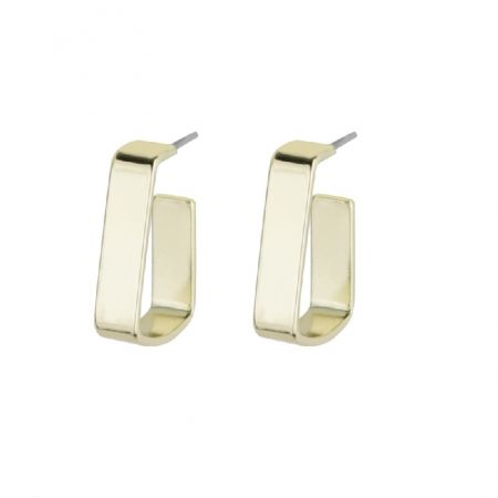 Wide Square Hoop Earrings Wholesale - A pair of gold U-shaped Wide Square Hoop Earrings (JRE-118) with secure metal posts, shown against a white background.