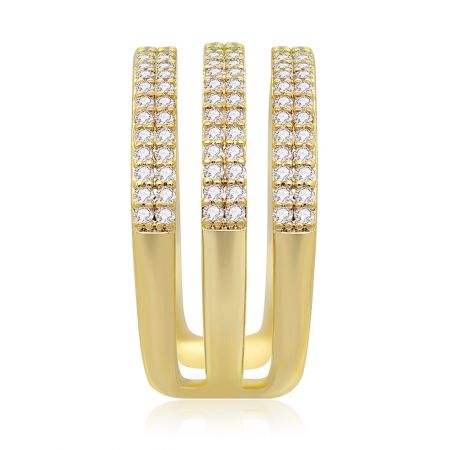 Close-up detail of the gold-plated three-band ring's craftsmanship and stone setting.