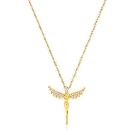 Collar de ángel guardián de oro personalizable con circonia cúbica. - Un primer plano del collar de ángel guardián de oro, mostrando el colgante de figura alada detallada adornada con brillantes piedras de circonio cúbico blanco en una delicada cadena.
