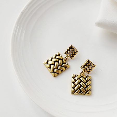 Antique Gold Plated Retro Distressed Geometric Square Drop Earrings - A pair of antique gold-plated retro drop earrings with a distressed geometric square design, displayed on a clean background.