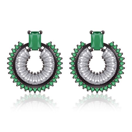 Stunning Emerald CZ Earring - A pair of stunning emerald CZ stud earrings featuring a central green stone surrounded by a halo of clear cubic zirconia, set in dark hematite-plated brass.