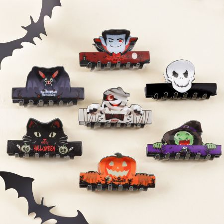 Durable Acrylic Halloween Party Hair Clips - A collection of colorful Halloween-themed acrylic hair clips, featuring various spooky and fun character designs.