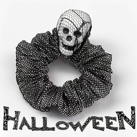 Full view of the Halloween scrunchie with its unique skull design.