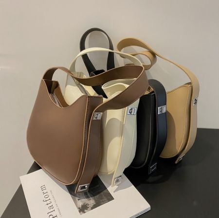 Color options for the moon shape handbag, including brown, cream, black, gray, and tan.