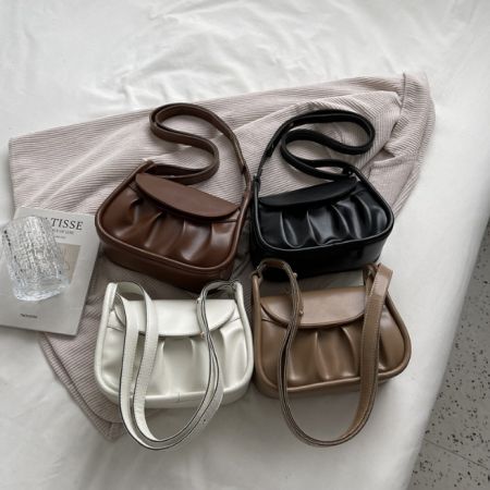 Color variations of the soft PU leather cross body bag, including brown, black, white, and beige.