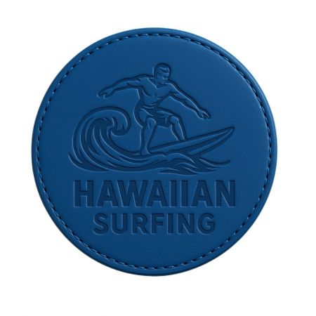 Vibrant blue leather coaster with a Hawaiian surfing theme illustration.