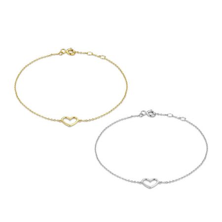 925 Sterling Zilveren Liefde Holle Hart Kettingarmband - Een close-up van twee 925 sterling zilveren holle hart kettingarmbanden, één met een gepolijste zilveren afwerking en de andere met een stralende gouden afwerking, die het delicate ontwerp toont.