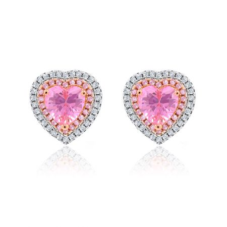 Heart Shape Gemstone I Do Earring - A close-up of the Heart Shape Gemstone I Do Earring, showcasing the central pink heart-shaped cubic zirconia surrounded by clear stones in a two-tone rhodium and rose gold setting.