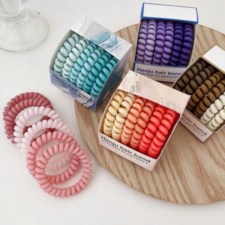 Wholesale Telephone Cord Hair Ties (6pcs/pack, 5 Sets) - A colorful collection of wholesale telephone cord style hair ties, showcasing their strong elasticity and vibrant shades.
