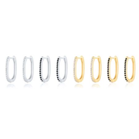 Orecchini Huggie Rettangolari in Argento Sterling 925 (Set di 5 Paia) - Una collezione di orecchini huggie rettangolari in argento sterling 925, esposti in finiture sia argentate che dorate con opzioni per pietre bianche e nere.