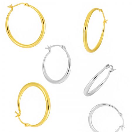 Pendientes de aro de plata esterlina 925 al por mayor de 20 mm, chapados en oro blanco y oro de 18 quilates - Una colección de aretes de aro de plata esterlina 925 al por mayor, tanto en chapado de oro de 18K como en chapado de oro blanco, mostrando su diseño clásico de 20 mm.
