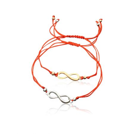 Infinity Cord Bracelet - Close-up of two Infinity Cord Bracelets, one gold-plated and one silver-plated, on vibrant red cords, symbolizing eternal love.