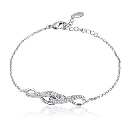Pulsera de plata con encanto de infinito entrelazado CZ - Pulsera de plata con encanto de infinito entrelazado CZ que presenta un símbolo de infinito detallado adornado con piedras de circonita cúbica brillantes en una cadena chapada en rodio.
