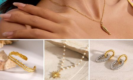 Eine Kollektion von wasserdichtem Schmuck aus Edelstahl mit goldener und silberner Oberfläche von JR Fashion Accessories, erhältlich für Großhandels- und OEM-Bestellungen.